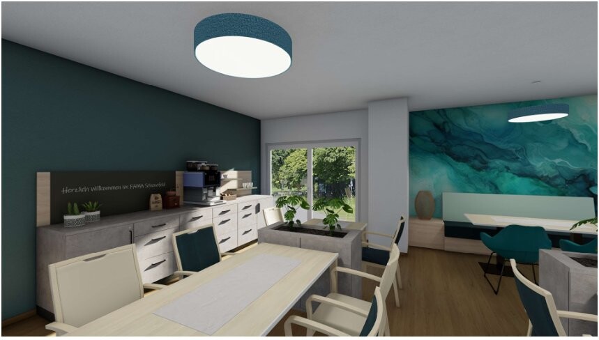 Rendering des newcare Wohnzimmers: Küchentheke und Sitzbereich