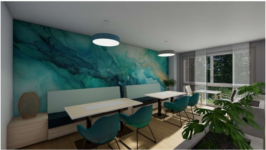 Rendering des newcare Wohnzimmers: Bistro mit Bänken, Tischen und türkisfarbener Wand