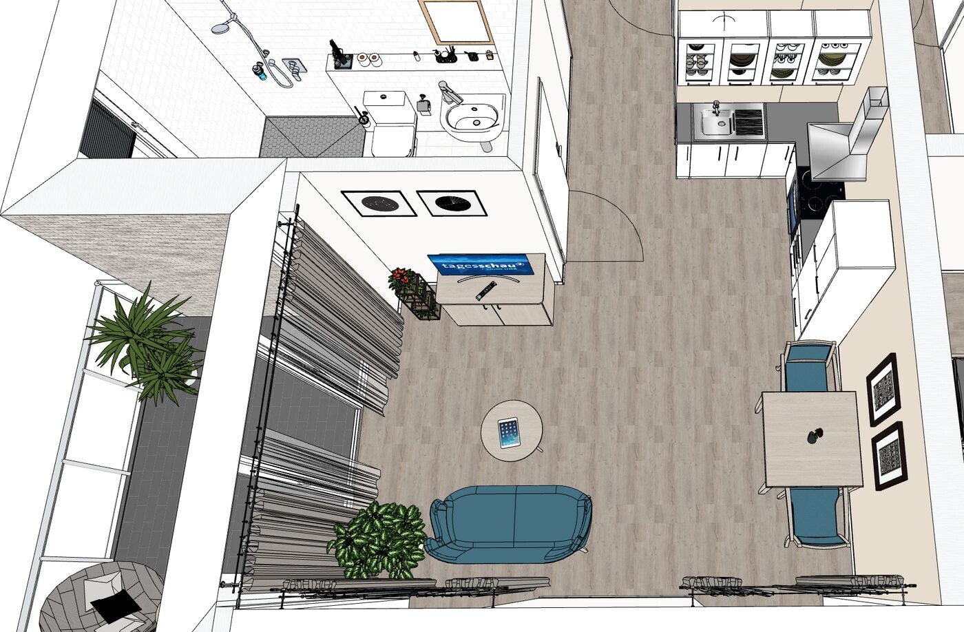 2-Zimmer-Wohnung mit Bad, Küche und Wohnbereich von oben