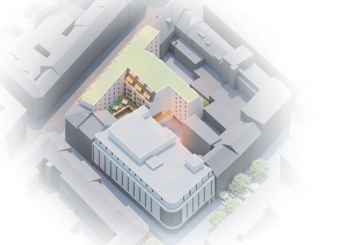 Visualisierung von oben: der Neubau neben dem ehemaligen Kaufhof