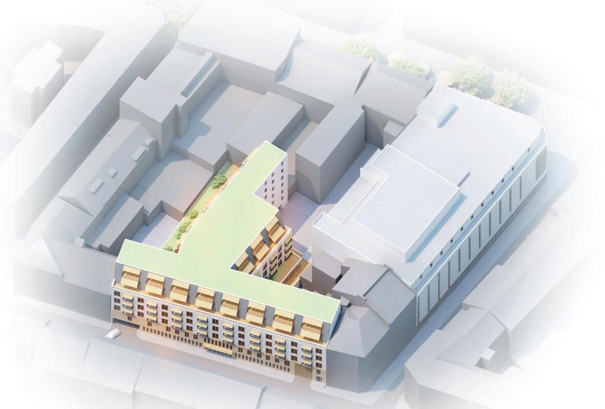 Visualisierung des Neubaus aus der Vogelperspektive: Gebäude an der Hochstraße mit begrünten Dächern und Dachgarten im Hof