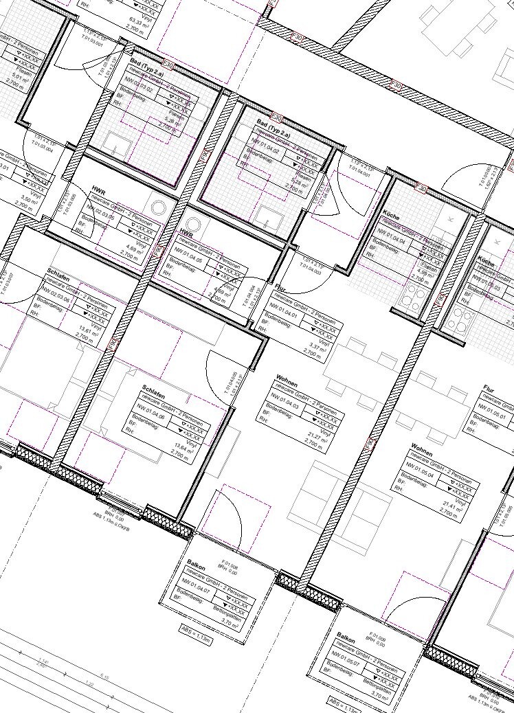 Ausschnitt aus dem Geschossgrundriss: 2-Zimmer-Wohnung mit Wohnen/Essen, Schlafen, Küche, Bad und Balkon